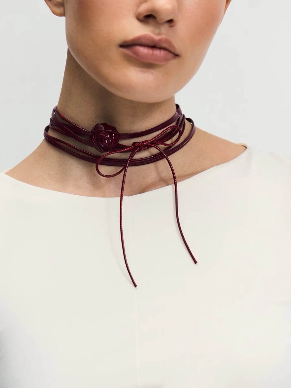Zara Burgundy Leather Rose Wrap Choker Necklace